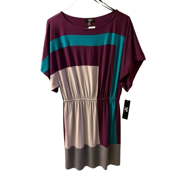 Suzi Chin Dress Womens Size 8 Multicolor Short Sleeve Block pattern Crew Neck - Picture 1 of 5